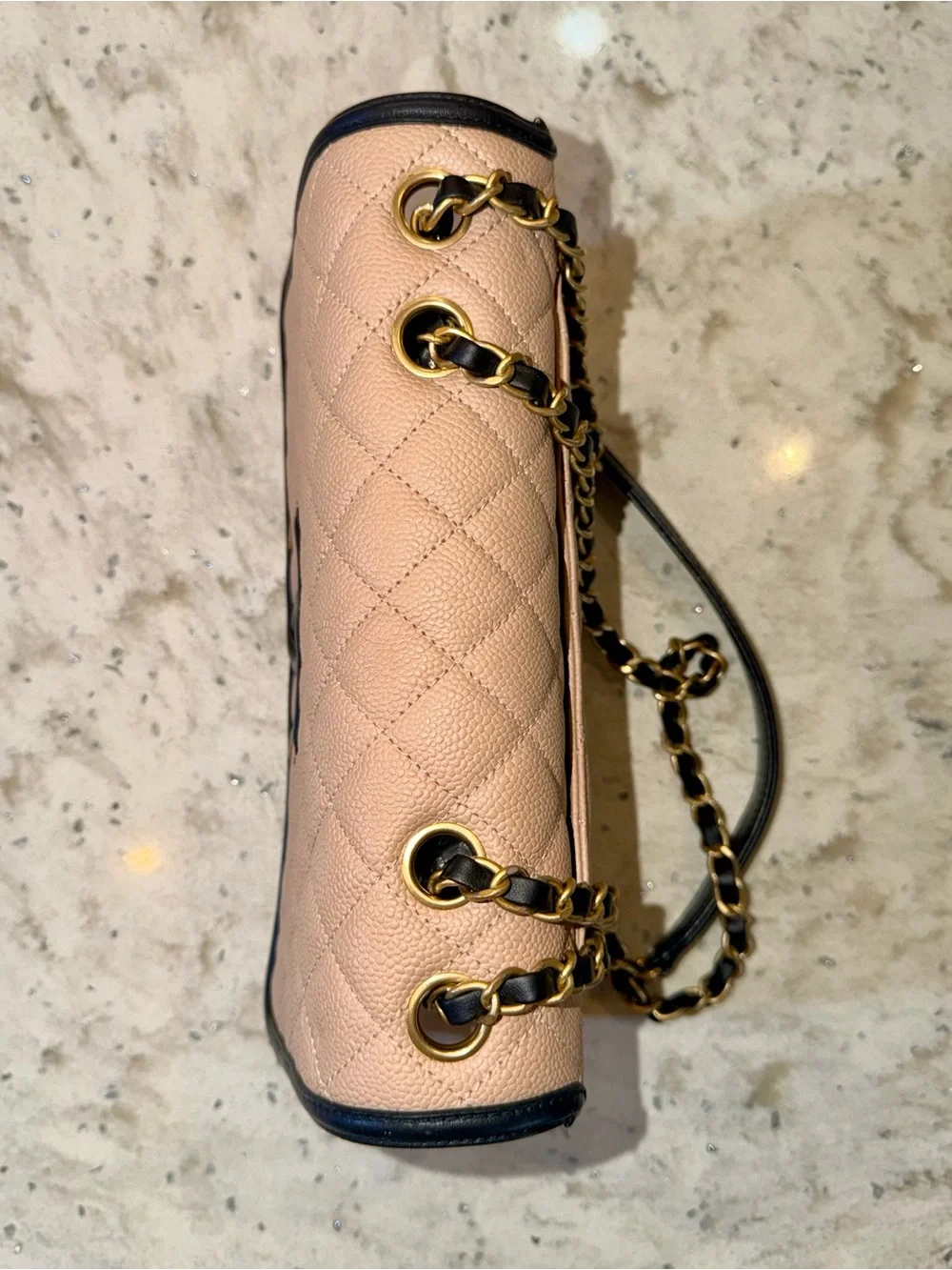 CHANEL Small CC Filigree Flap Bag Beige Black, Caviar Leather GHW